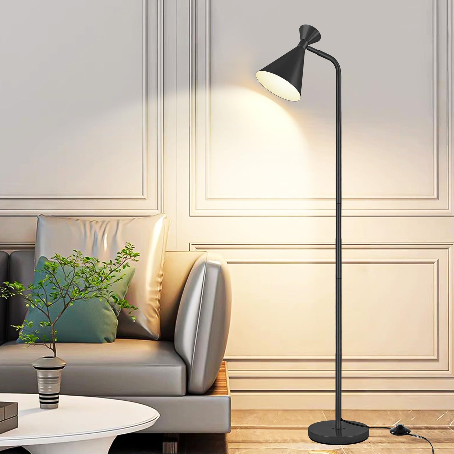 Floor Lamp for Living Room, Modern Adjustable Metal Heads Standing Lamps, Simple Design Black Floor Lamp with Foot Switch for Bedroom, Office, Kids Room, Reading, Working(Bulb Not Included)