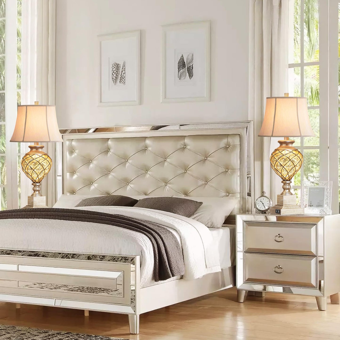 ROTTOGOON 29” Tall Table Lamps Set of 2 for Living Room with Lantern Nightlight,Traditional Bedroom Silver Mercury Glass Lamps for Nightstand, Bedside