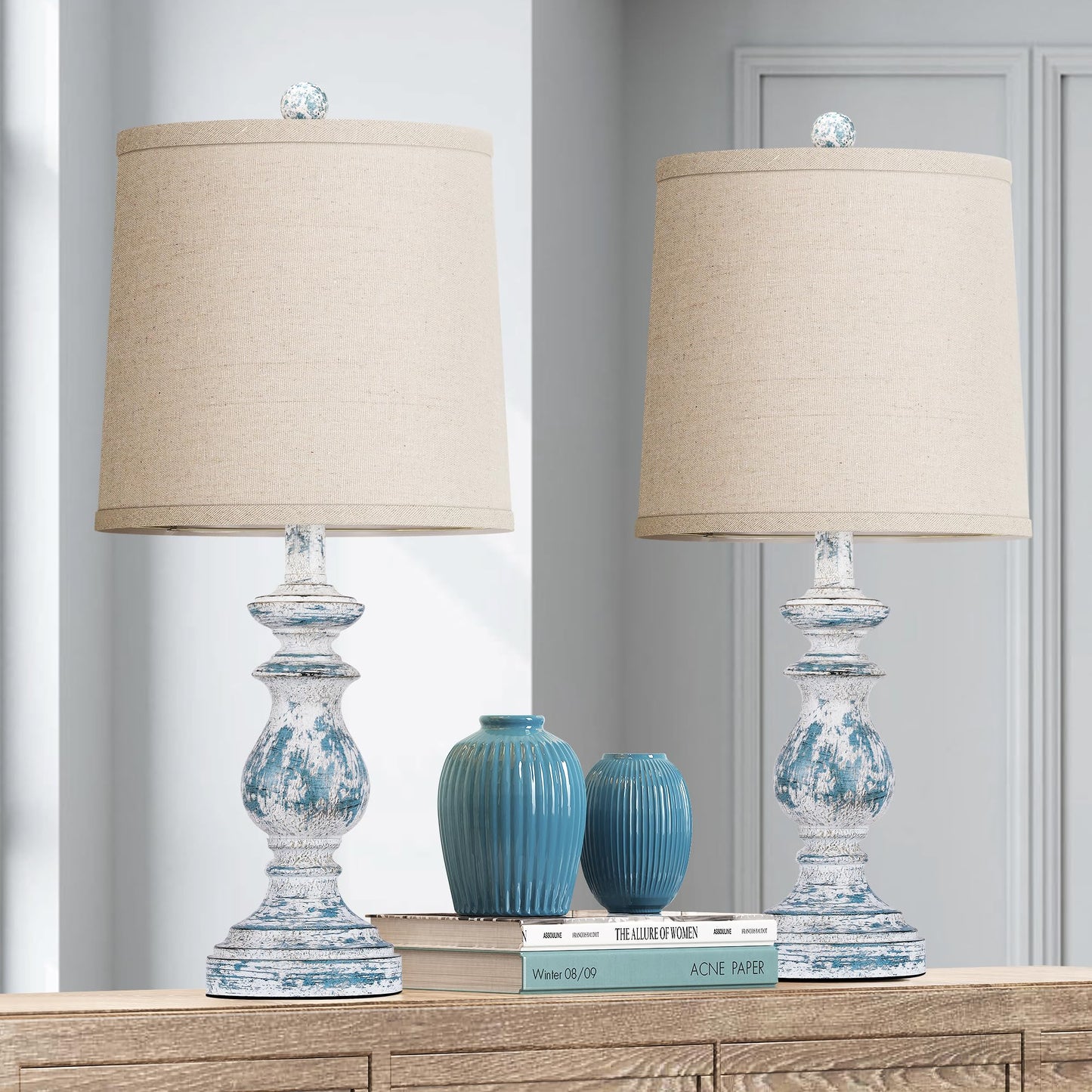 ROTTOGOON 22" Traditional Table Lamp Set of 2, Rustic Farmhouse for Living Room Bedroom, Vintage Bedside Nightstand Lamps with Linen Shades