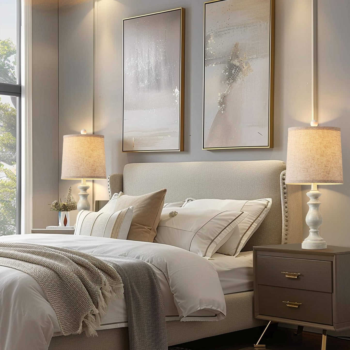 ROTTOGOON 22" Traditional Table Lamp Set of 2, Rustic Farmhouse for Living Room Bedroom, Vintage Bedside Nightstand Lamps with Linen Shades