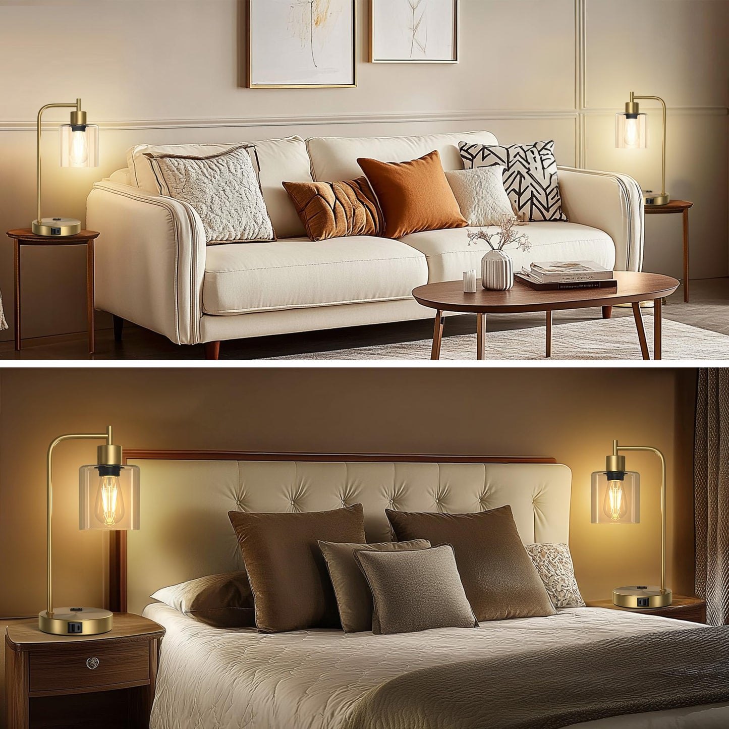 ROTTOGOON Touch Control Table Lamps Set of 2 with 2 USB Ports + 2 AC Outlets, Dimmable Bedside Nightstand Reading Lamps with 2700K LED Bulbs