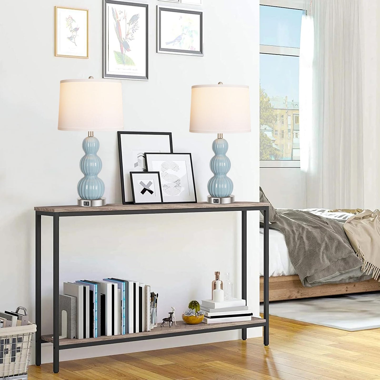 ROTTOGOON Table Lamps for Bedroom Set of 2, 26.5" Bedside Lamps for Living Room with USB Ports Touch Control, Modern Blue Ceramic Nightstand Lamp