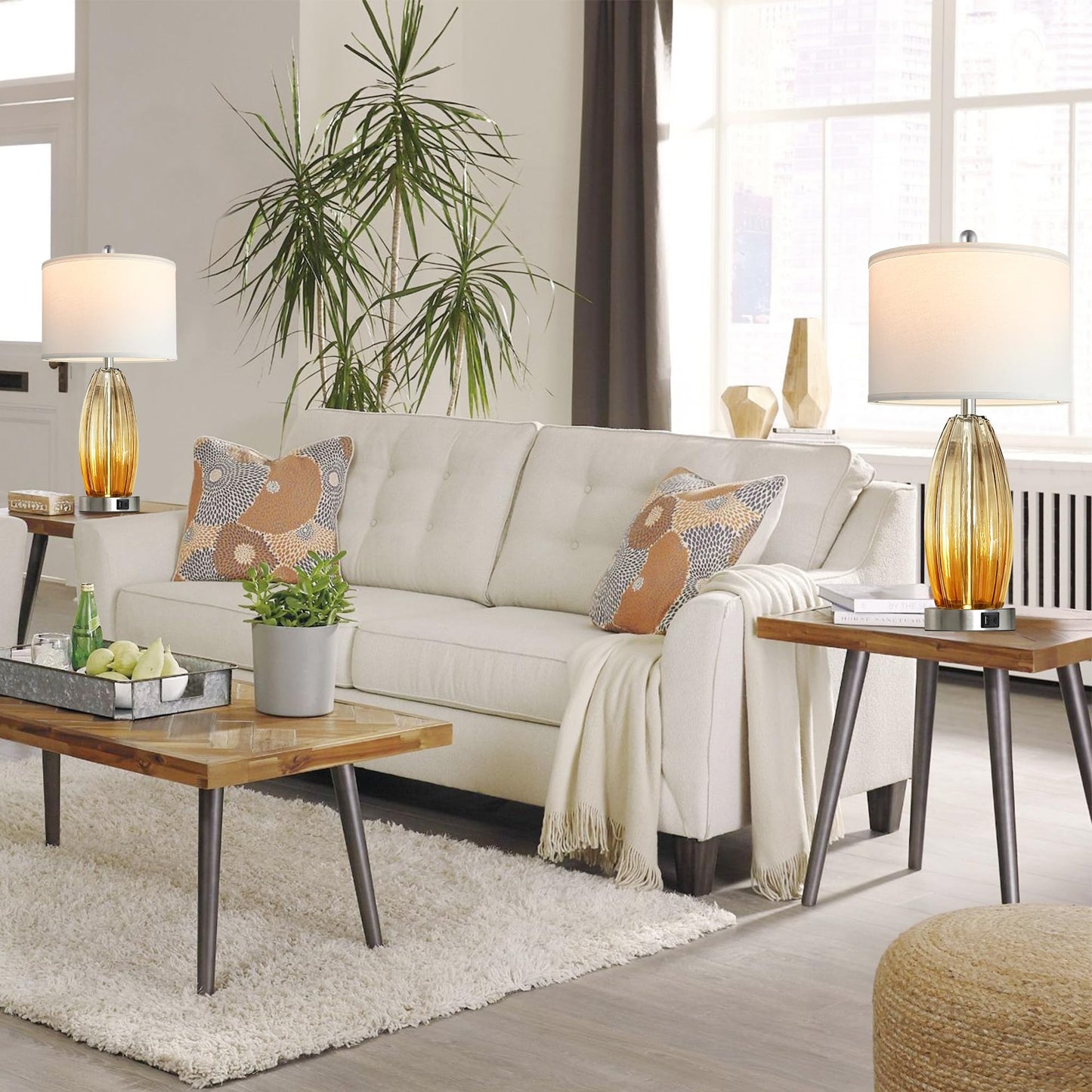 ROTTOGOON Table Lamps for Living Room Set of 2, Glass Table Lamp with USB C+A Ports & 2 LED Bulbs for End Tables Bedside