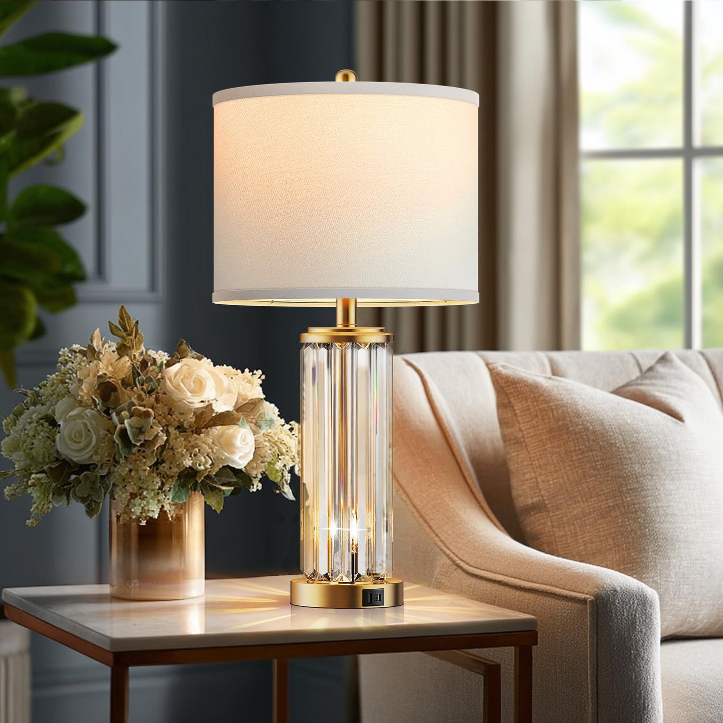 ROTTOGOON Gold Table Lamps for Bedroom Set of 2 with Nightlight, Modern Bedside Lamp with 2 USB A+C Charging Port, LED Bulbs Included