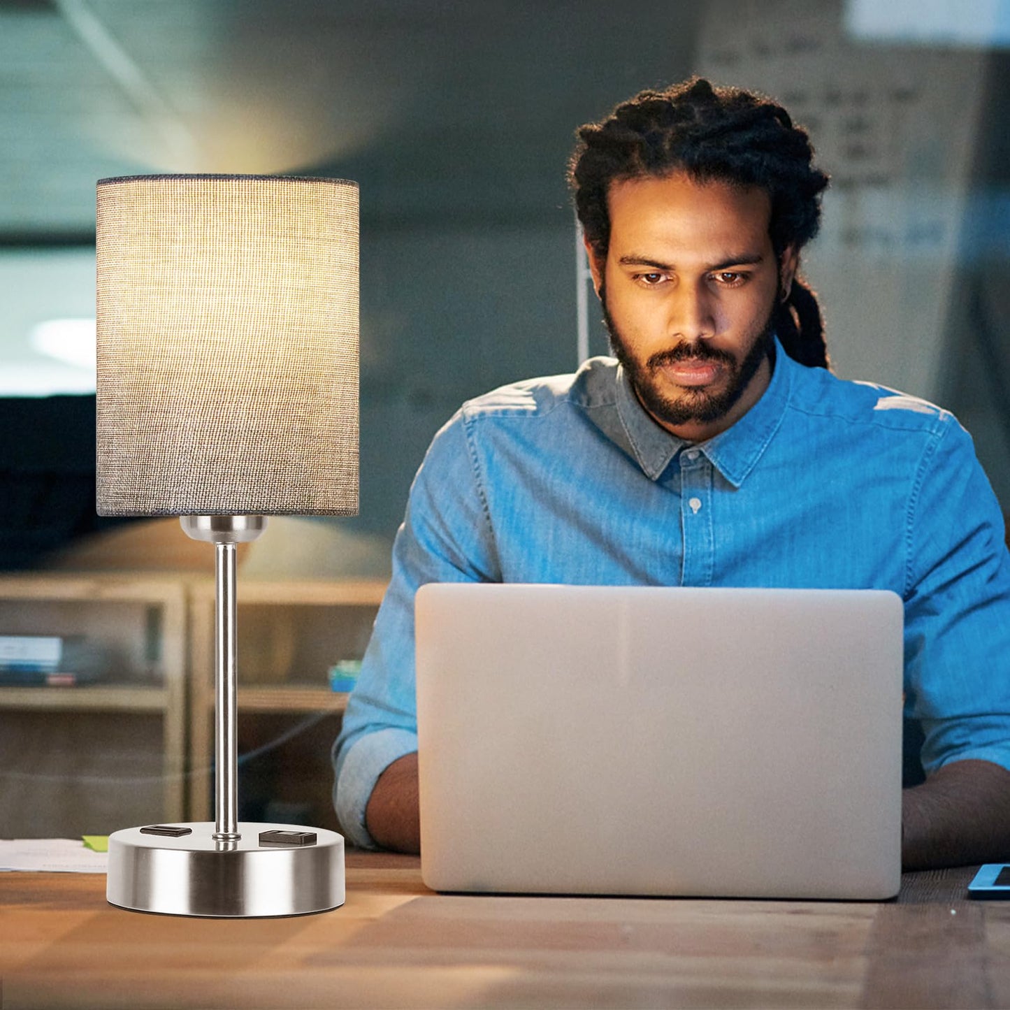 ROTTOGOON Touch Table Lamps Set of 2 with USB Port & Power Outlet, Dimmable Desk Lamp for Living Room Nursery Room, Bulbs Included, Grey