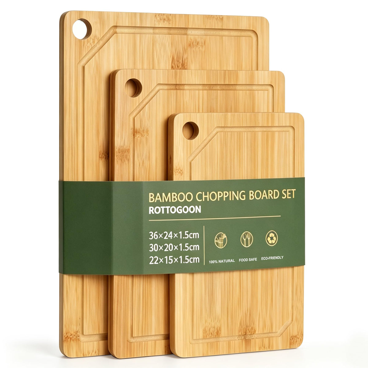 Rottogoon 3 Piece Bamboo Chopping Board Set- Large, Medium, & Small Sizes