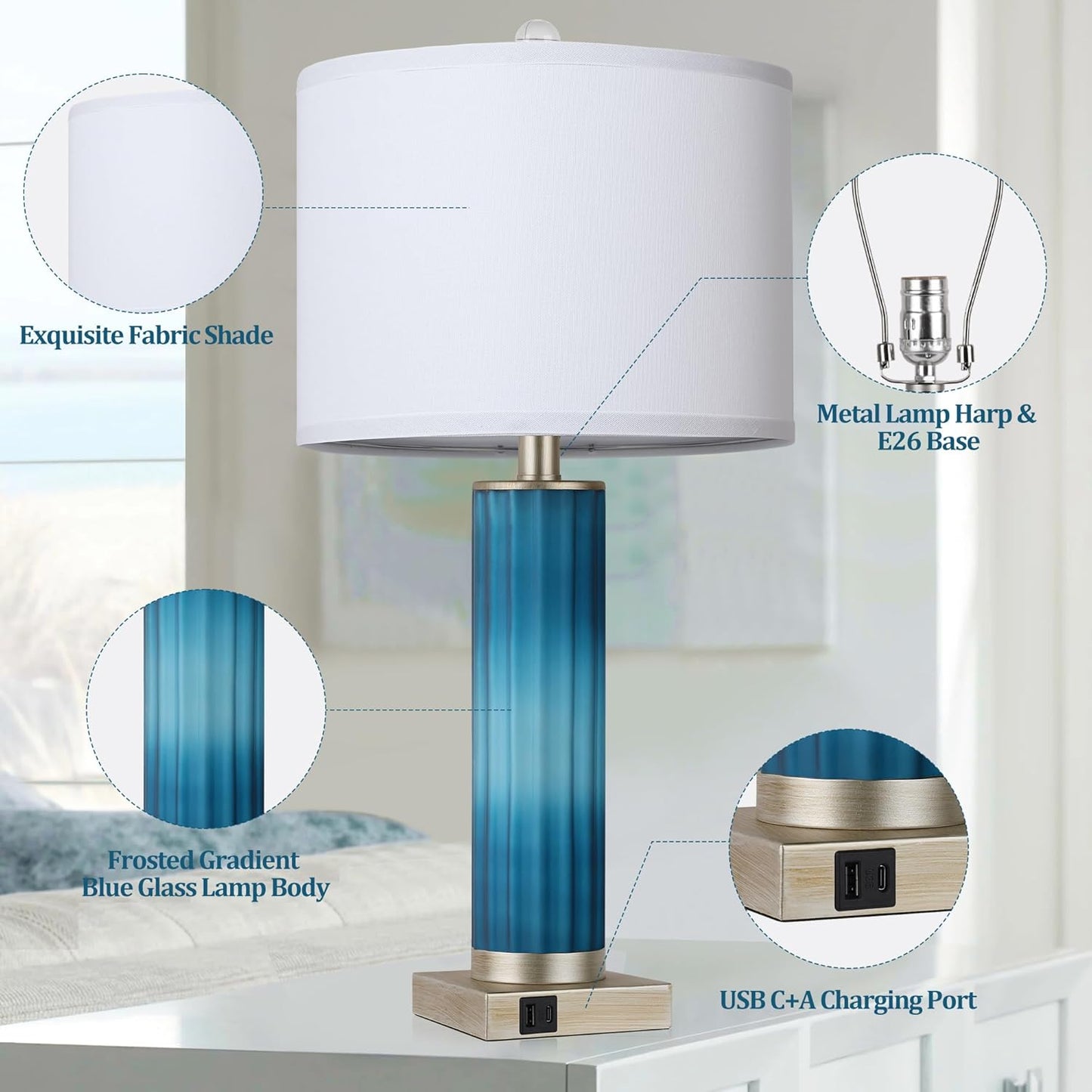 ROTTOGOON Set of 2 Table Lamps for Living Room, Blue Glass Bedroom Lamp for Bedside with USB C+A Charging Ports, Modern Art Deco Nightstand Lamp for End Table Home Decor (LED Bulb Included)
