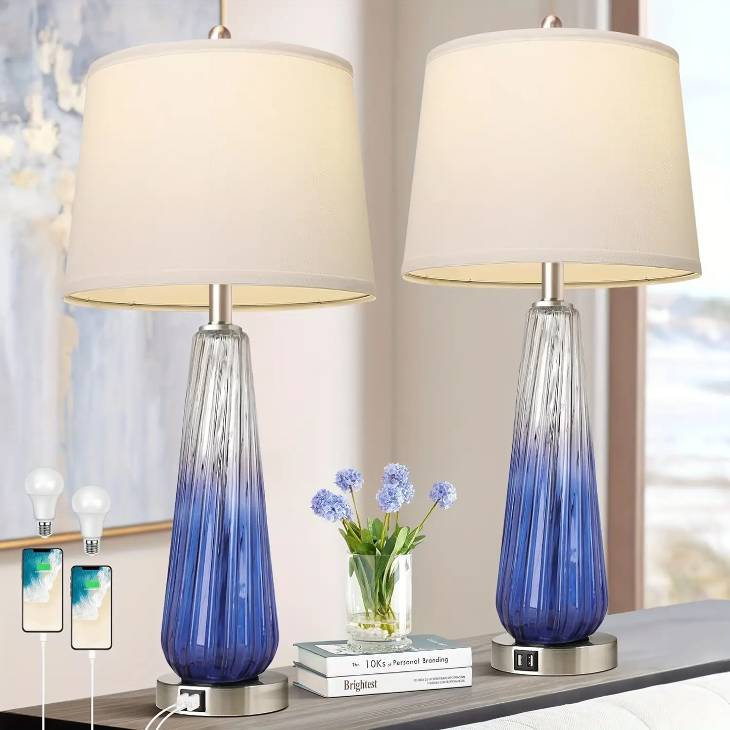 ROTTOGOON 27.5" Glass Table Lamps for Living Room with USB A+C Ports, Dimmable Touch Control Nightstand Lamp, Bedrooms Decor, Blue, 2 Pack