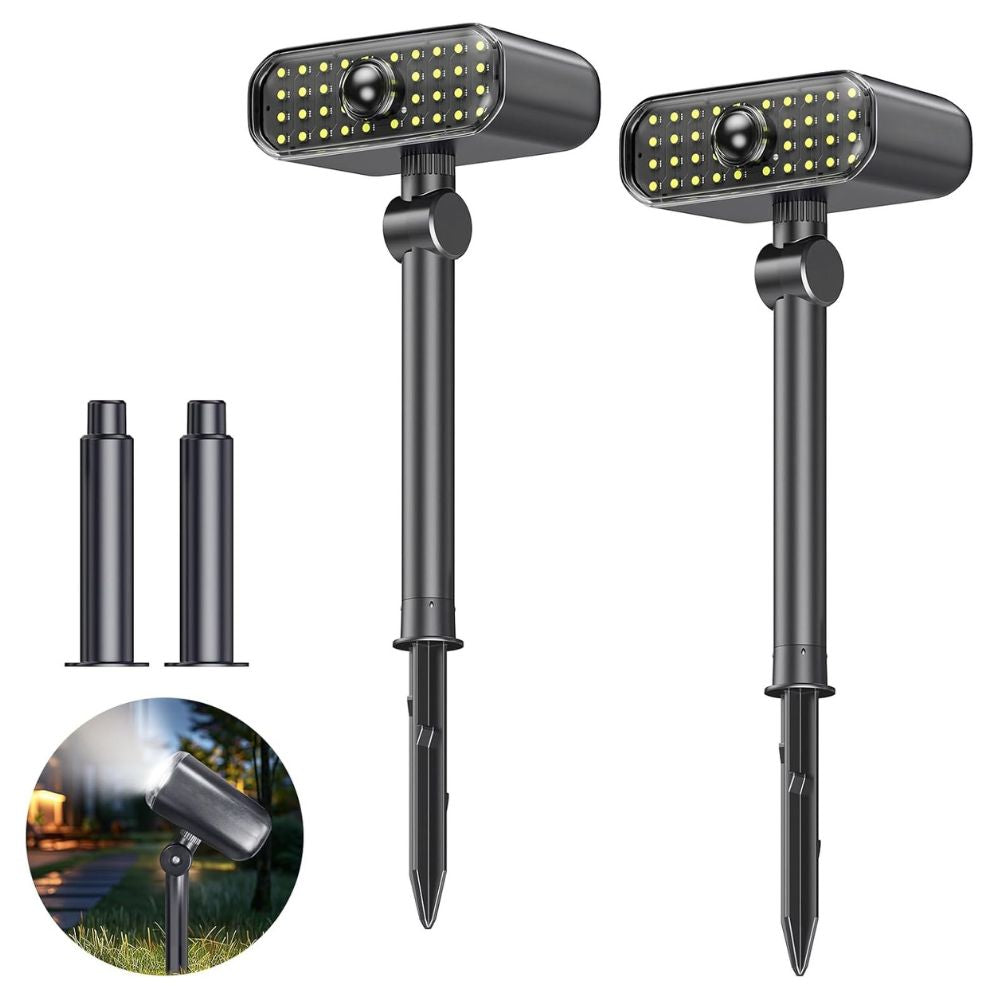ROTTOGOON 2 Pack LED Solar Motion Sensor Landscape Spotlights, Modern Style, Adjustable Brightness, Wall/Floor Mount, Warm White, Decoy Camera
