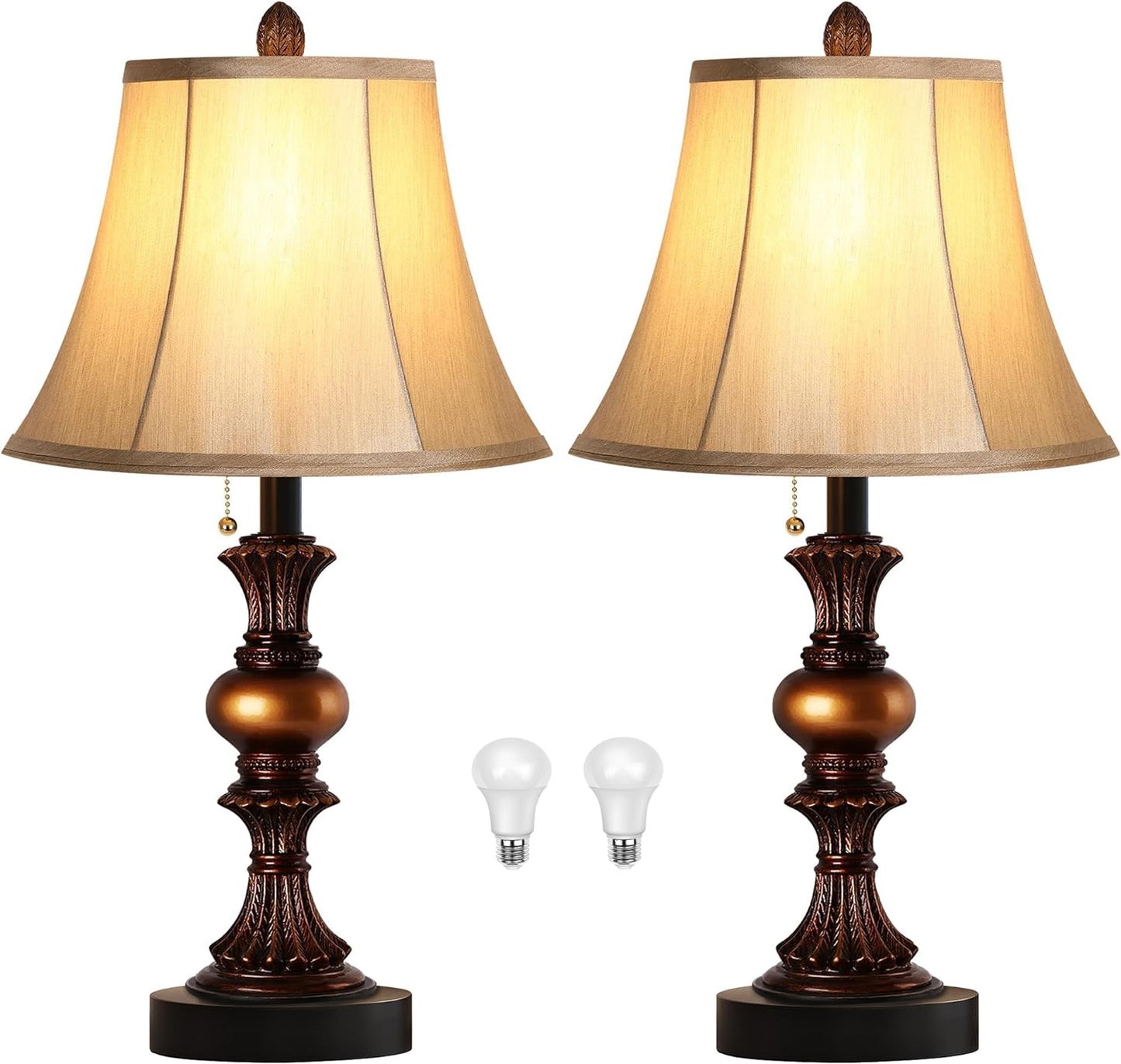 22“ Traditional Table Lamp Set of 2, Vintage Bedside Lamps with Dual USB Charging Ports, 3-Way Dimmable Desk Lamps with Bell Shape Faux Silk Shade for Living Room, Bedroom
