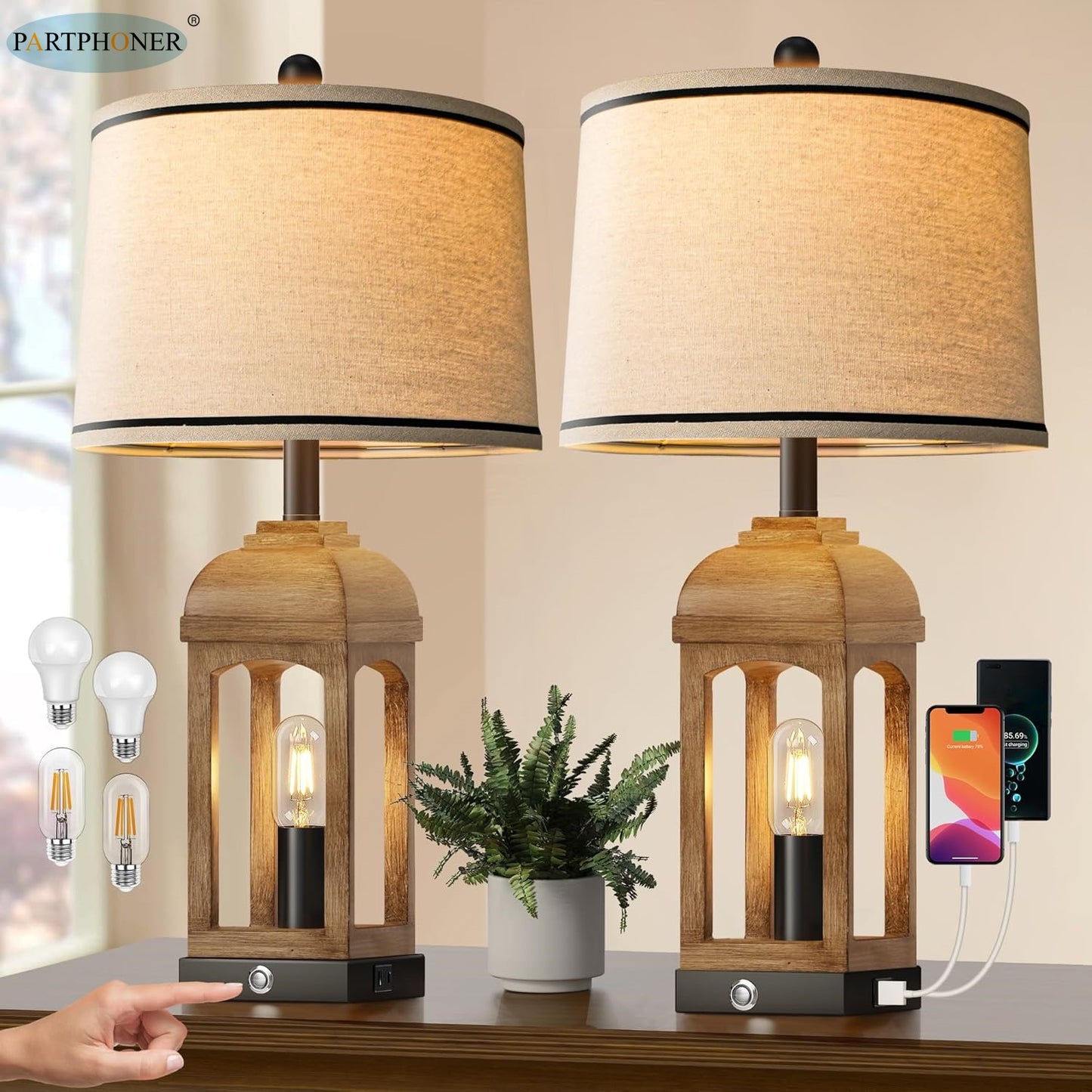 ROTTOGOON Table Lamp for Living Room, Farmhouse Lamps Set of 2 with USB A+C and Nightlight, 26" Rustic Bedside Lamps with 3-Way Dimmable Touch Control, Nightstand Lamp for Bedroom Decor, Beige