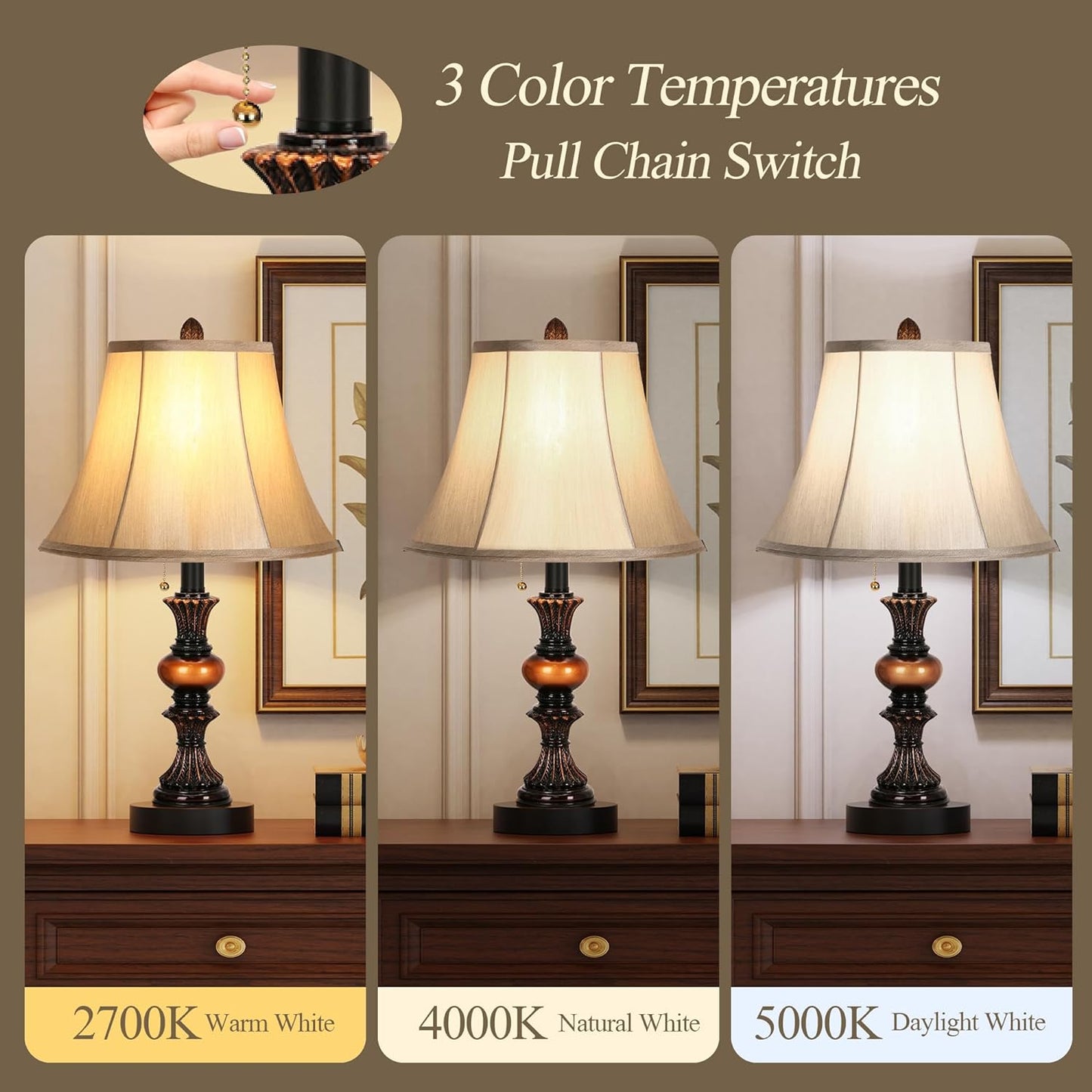 22“ Traditional Table Lamp Set of 2, Vintage Bedside Lamps with Dual USB Charging Ports, 3-Way Dimmable Desk Lamps with Bell Shape Faux Silk Shade for Living Room, Bedroom
