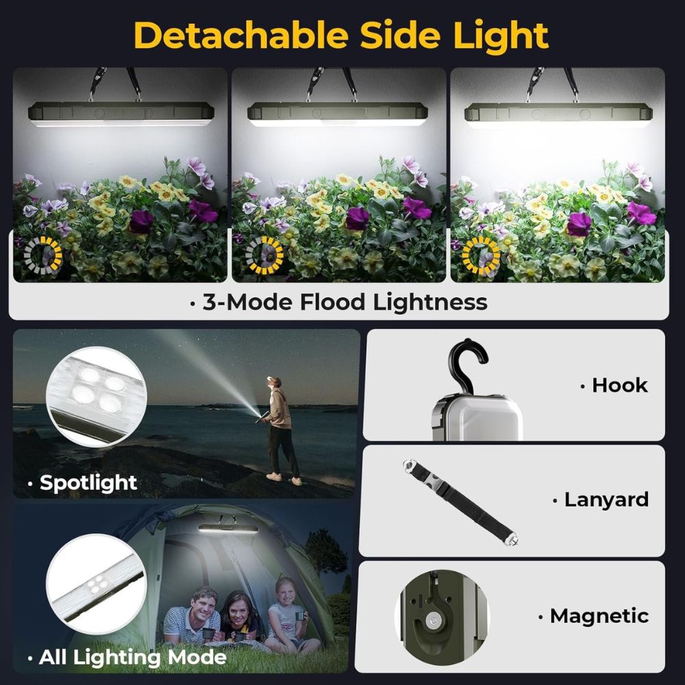 ROTTOGOON 1 Pack Outdoor Solar Camping Lights, LED Work Light with 2 Lighting Heads, IP65 Waterproof Cordless Solar Powered & USB-C Stand Floor Light with Iron Telescoping Tripod