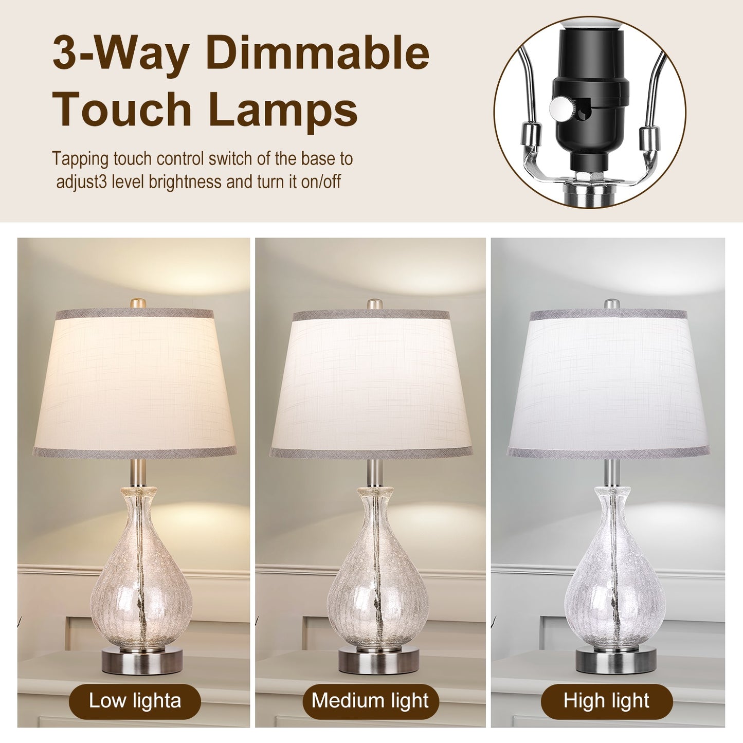 ROTTOGOON Glass Table Lamp for Living Room Bedroom Set of 2, 22.5" LED Light with Touch Control, Blue 3 Way Dimmable Modern Bedside Lamps for Home Decor with White Fabric Shade