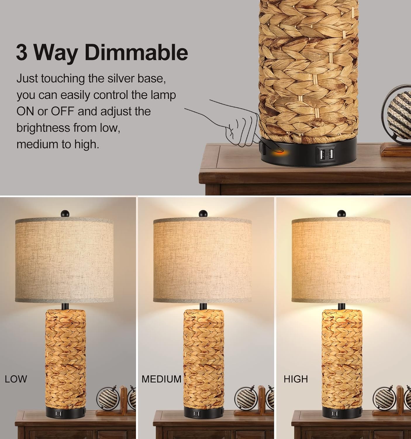 Table Lamps for Night Stands Set of 2 - Bedside Lamps with USB C+A, 3 Way Dimmable for Bedroom Living Room End Tables Office