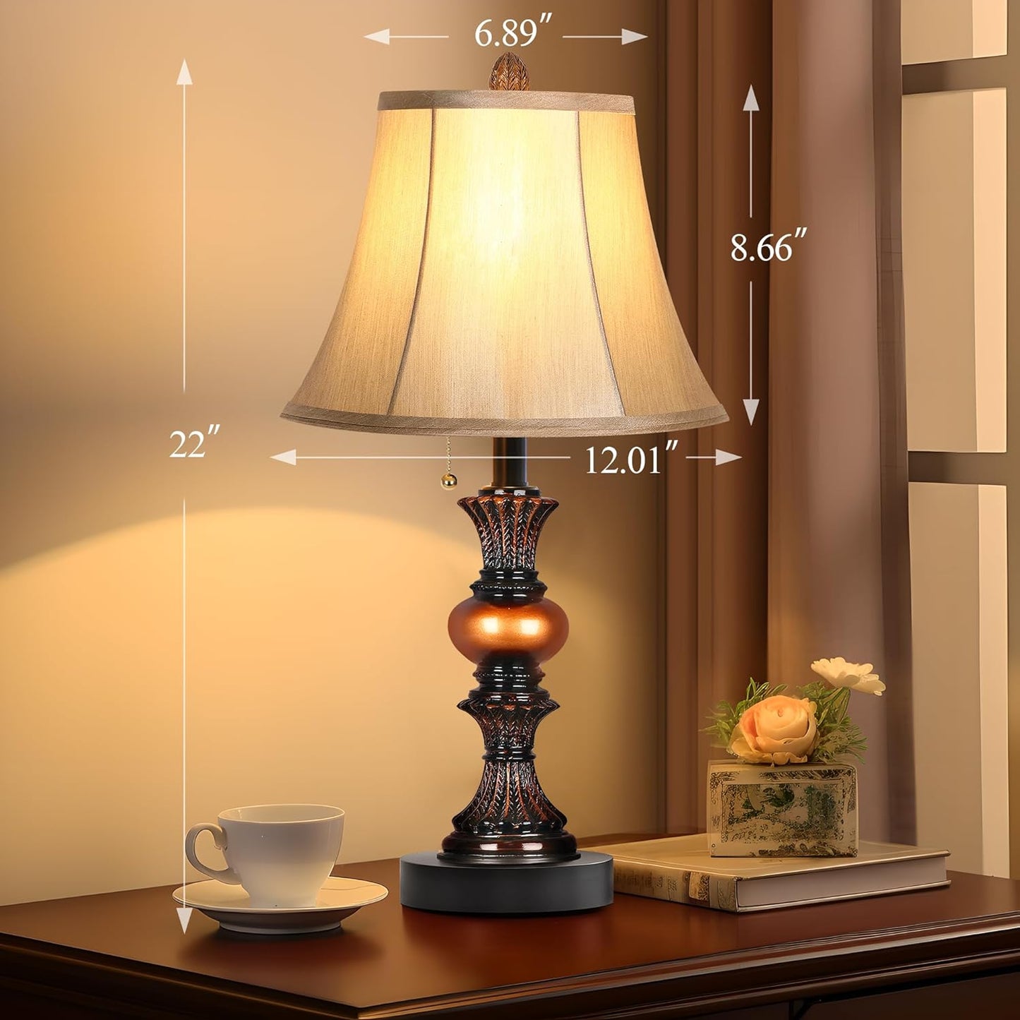 22“ Traditional Table Lamp Set of 2, Vintage Bedside Lamps with Dual USB Charging Ports, 3-Way Dimmable Desk Lamps with Bell Shape Faux Silk Shade for Living Room, Bedroom