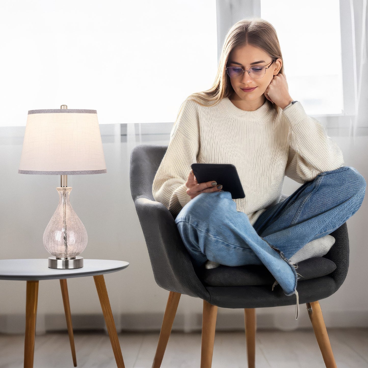 ROTTOGOON Glass Table Lamp for Living Room Bedroom Set of 2, 22.5" LED Light with Touch Control, Blue 3 Way Dimmable Modern Bedside Lamps for Home Decor with White Fabric Shade