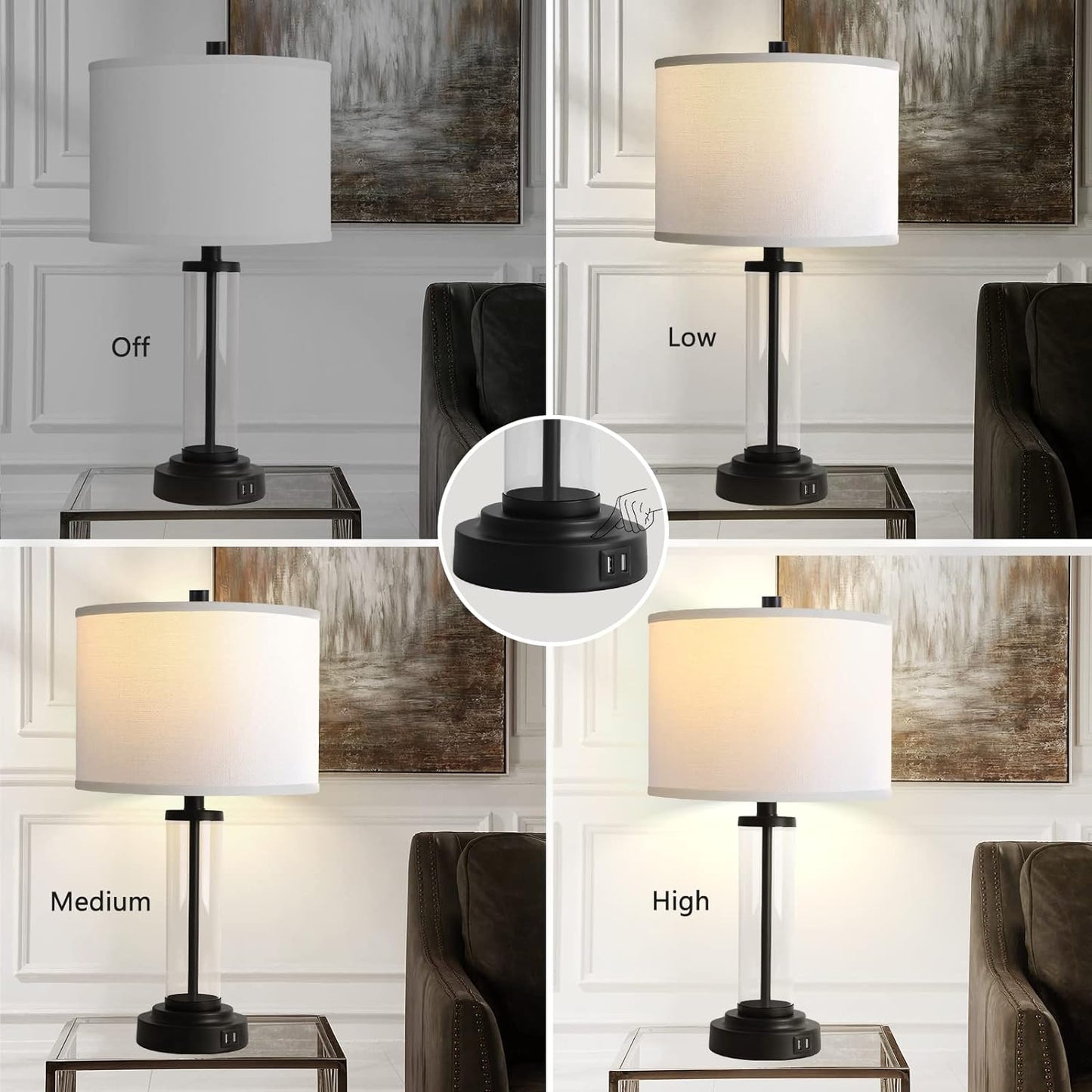 ROTTOGOON Touch Control Table Lamps Set of 2 with USB Ports, 3-Way Dimmable Bedside Lamp for Living Room Bedroom House, Modern Nightstand Lamp with 2 LED Bulbs(Black)