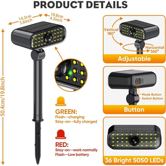 ROTTOGOON 2 Pack LED Solar Motion Sensor Landscape Spotlights, Modern Style, Adjustable Brightness, Wall/Floor Mount, Warm White, Decoy Camera