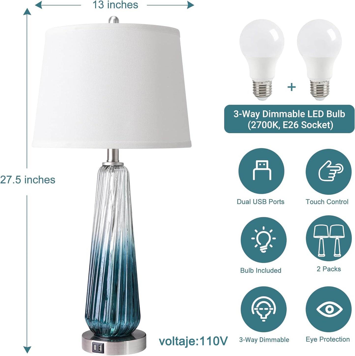 ROTTOGOON Table Lamps Set of 2 with Touch Control, Modern Glass Bedside Lamps with USB A+C Ports, 3-Way Dimmable Nightstand Lamp with White Fabric Shade, 27.5" Large Lamps for Living Room Bedrooms Decorations