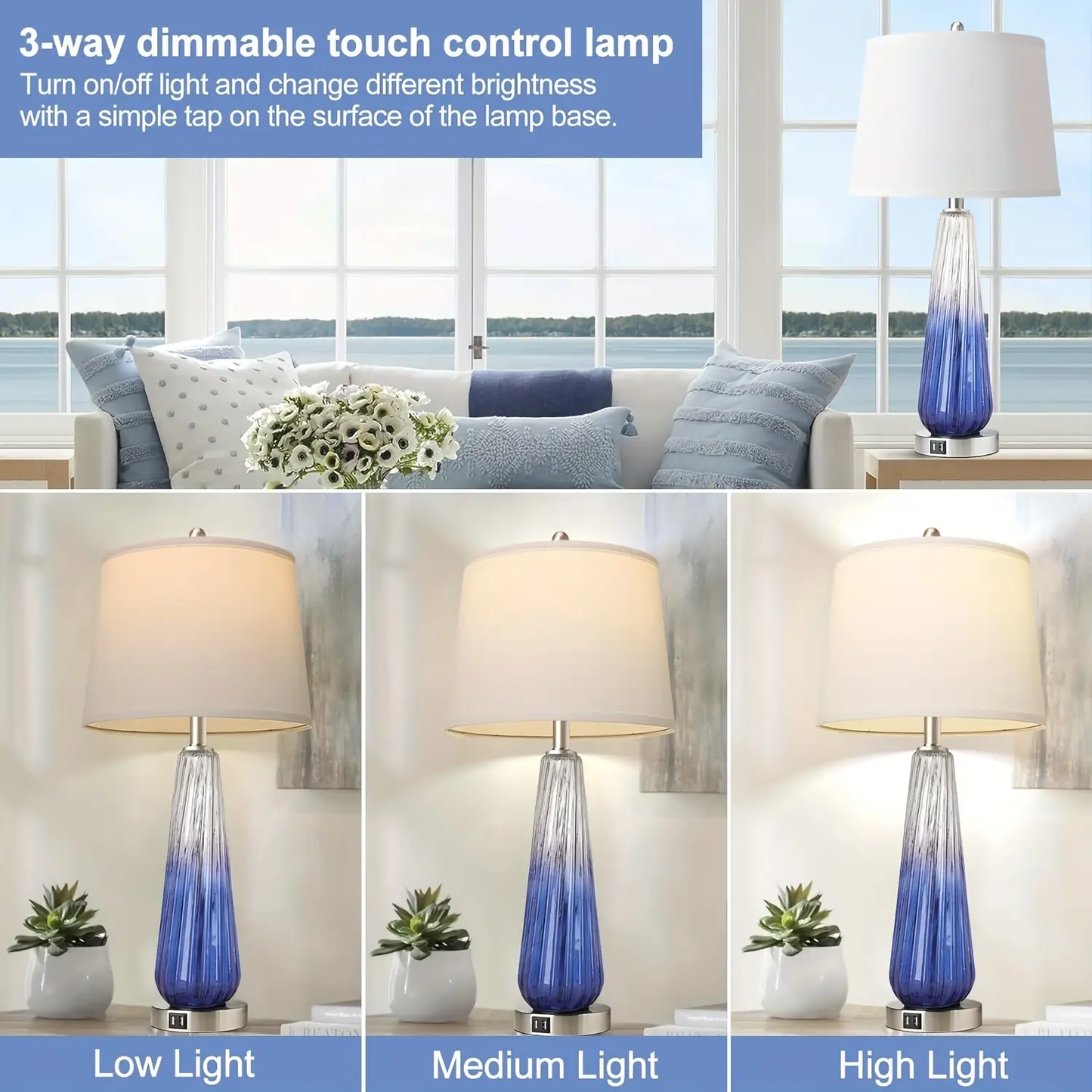 ROTTOGOON 27.5" Glass Table Lamps for Living Room with USB A+C Ports, Dimmable Touch Control Nightstand Lamp, Bedrooms Decor, Blue, 2 Pack