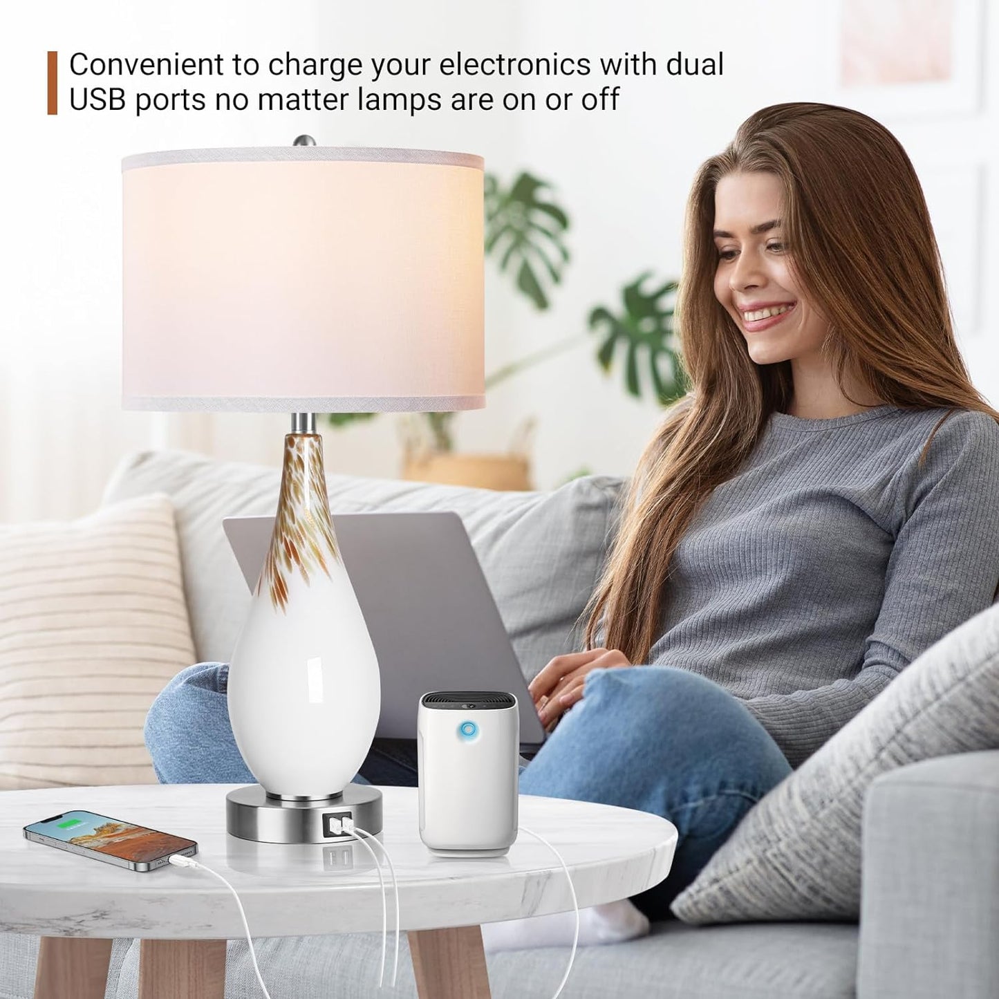 ROTTOGOON Touch Control Table Lamps Set of 2, 27.5" Tall Modern Art Glass Bedside Lamp with USB Ports, 3-Way Dimmable Hand Crafted Nightstand Lamps White Drum Shade for Living Room Bedroom Home