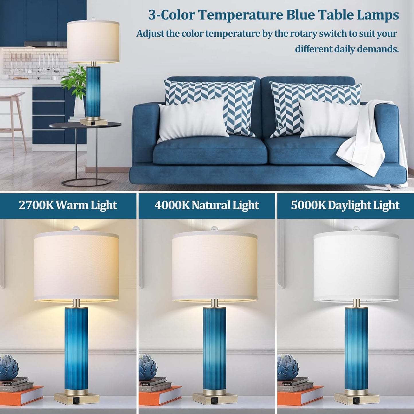 ROTTOGOON Set of 2 Table Lamps for Living Room, Blue Glass Bedroom Lamp for Bedside with USB C+A Charging Ports, Modern Art Deco Nightstand Lamp for End Table Home Decor (LED Bulb Included)