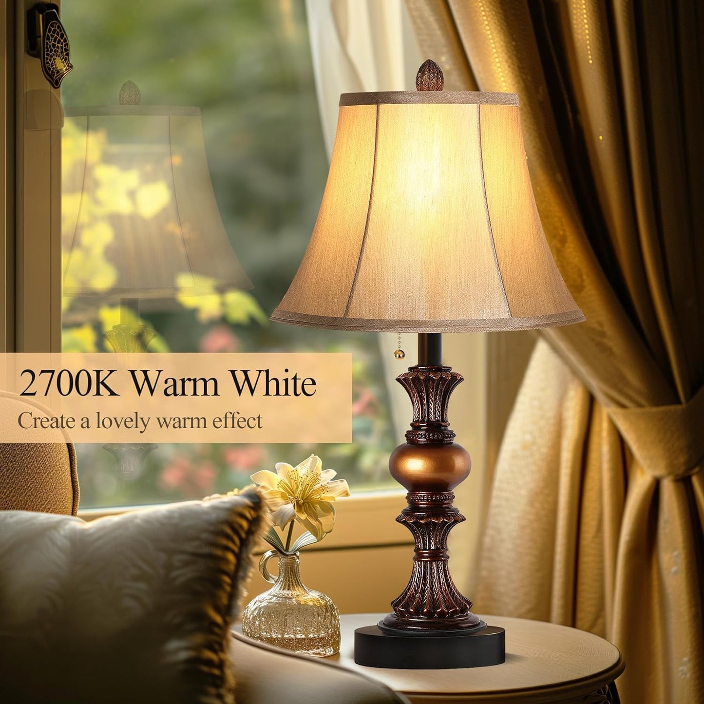 22“ Traditional Table Lamp Set of 2, Vintage Bedside Lamps with Dual USB Charging Ports, 3-Way Dimmable Desk Lamps with Bell Shape Faux Silk Shade for Living Room, Bedroom