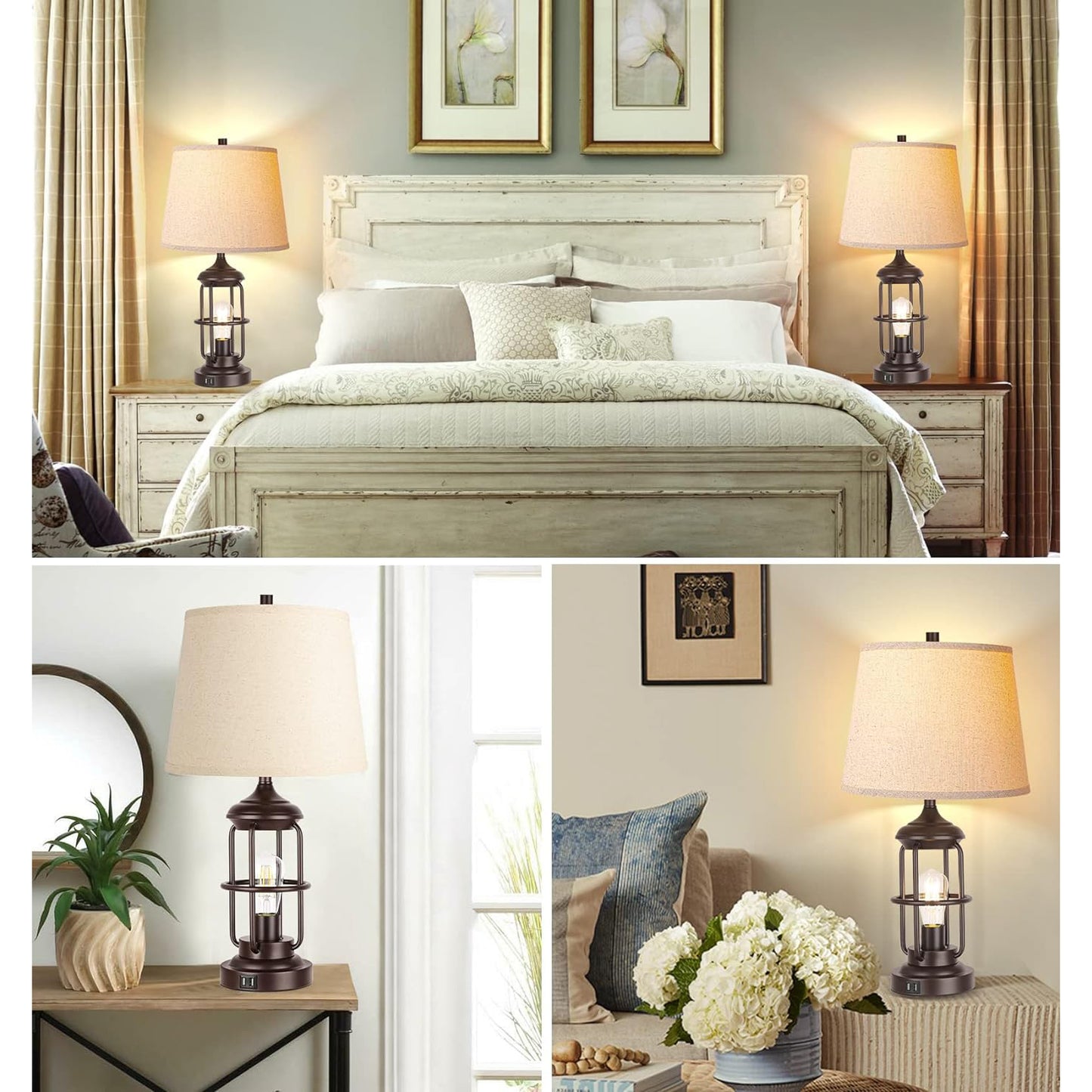 ROTTOGOON Table Lamp Set of 2 with USB Ports, Touch Control 3-Way Dimmable Bedside Lamp with 2 LED Night Light, Farmhouse Rustic Nightstand Lamp for Living Room Bedroom Decor (2700K Bulbs Included)