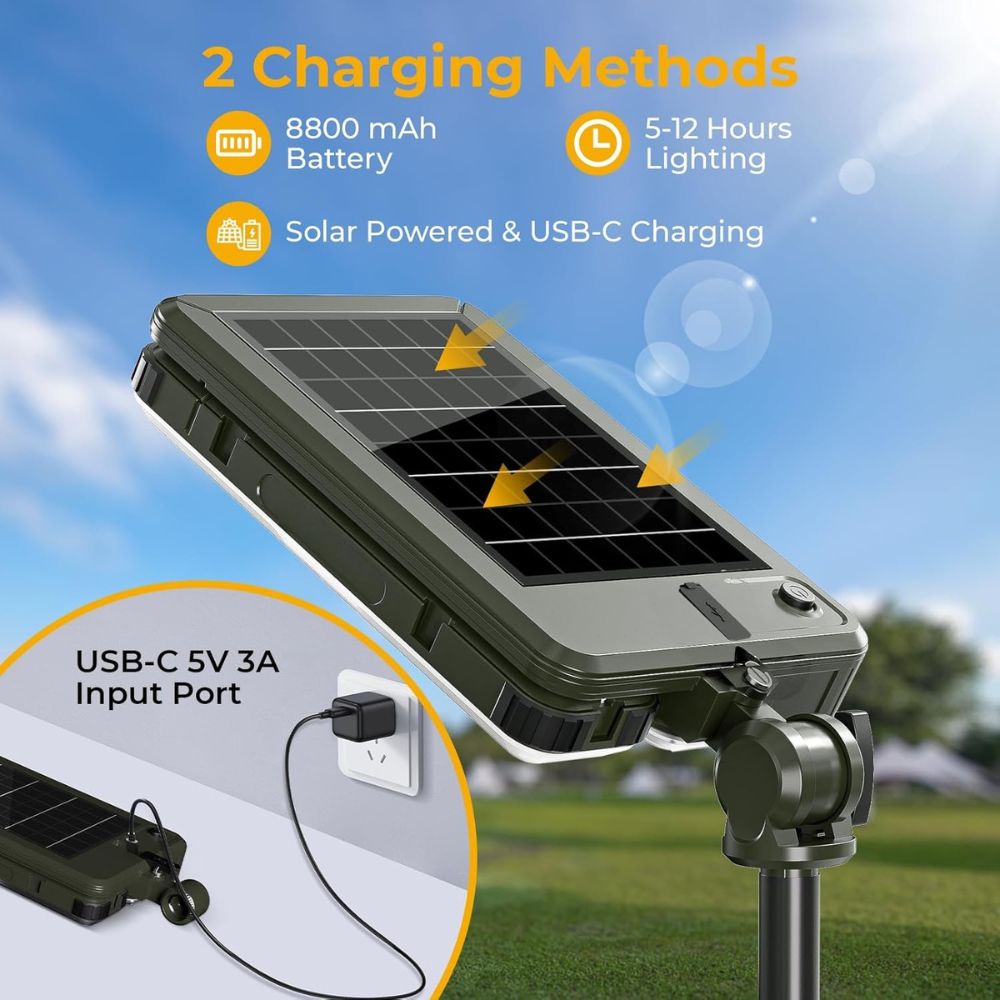 ROTTOGOON 1 Pack Outdoor Solar Camping Lights, LED Work Light with 2 Lighting Heads, IP65 Waterproof Cordless Solar Powered & USB-C Stand Floor Light with Iron Telescoping Tripod