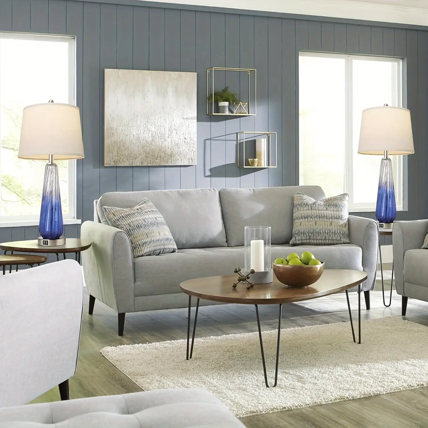 ROTTOGOON 27.5" Glass Table Lamps for Living Room with USB A+C Ports, Dimmable Touch Control Nightstand Lamp, Bedrooms Decor, Blue, 2 Pack