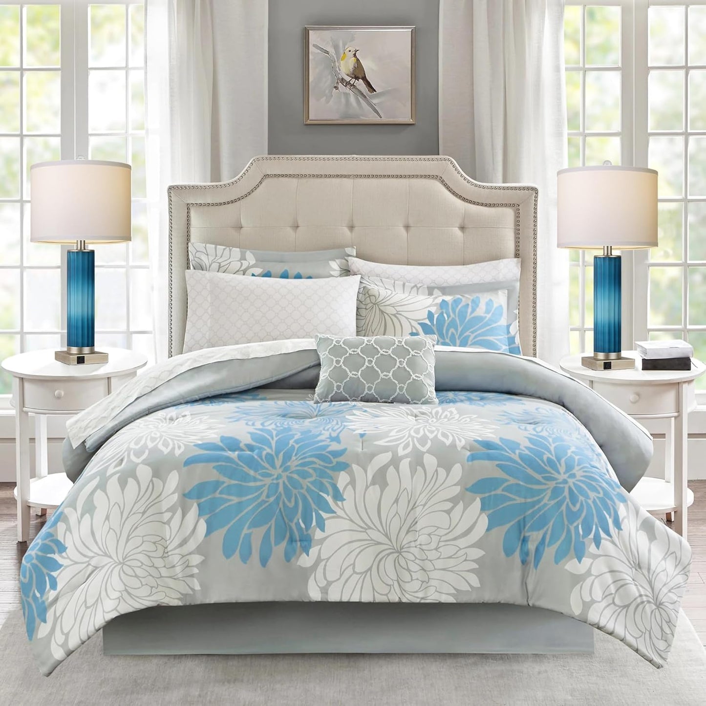 ROTTOGOON Set of 2 Table Lamps for Living Room, Blue Glass Bedroom Lamp for Bedside with USB C+A Charging Ports, Modern Art Deco Nightstand Lamp for End Table Home Decor (LED Bulb Included)