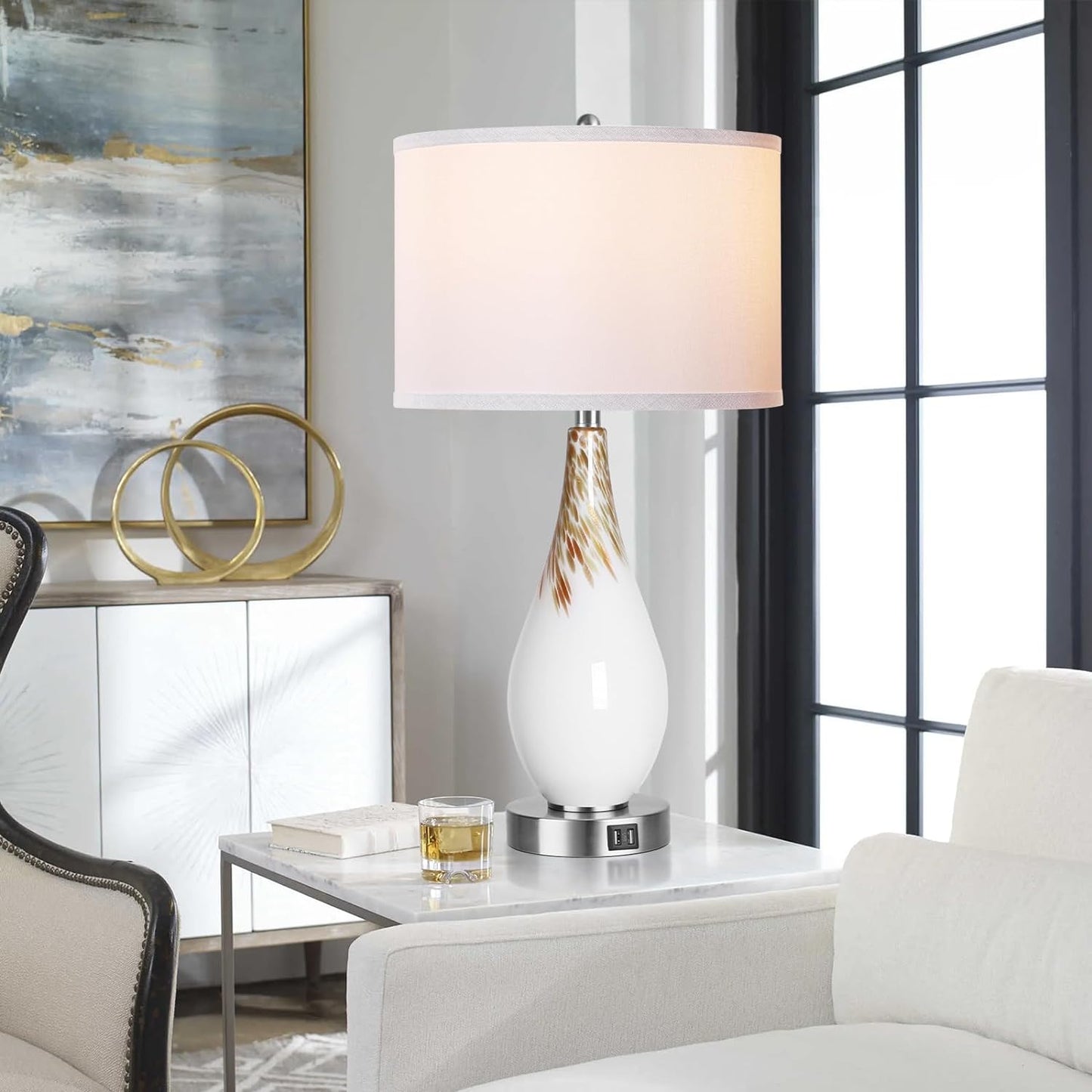 ROTTOGOON Touch Control Table Lamps Set of 2, 27.5" Tall Modern Art Glass Bedside Lamp with USB Ports, 3-Way Dimmable Hand Crafted Nightstand Lamps White Drum Shade for Living Room Bedroom Home