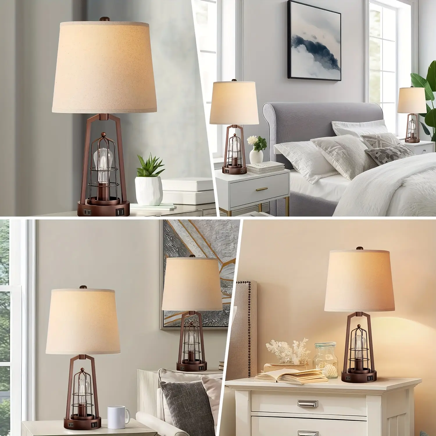 ROTTOGOON Set Of 2 Farmhouse Table Lamps With USB Ports, 3-Way Dimmable Bedside Touch Lamp With AC Outlet for Living Room Reading, Bulbs Included