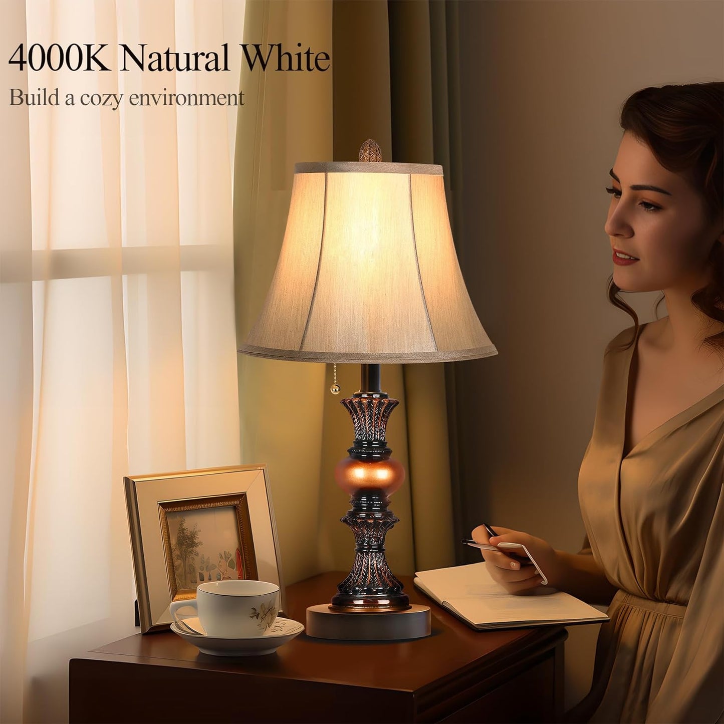 22“ Traditional Table Lamp Set of 2, Vintage Bedside Lamps with Dual USB Charging Ports, 3-Way Dimmable Desk Lamps with Bell Shape Faux Silk Shade for Living Room, Bedroom