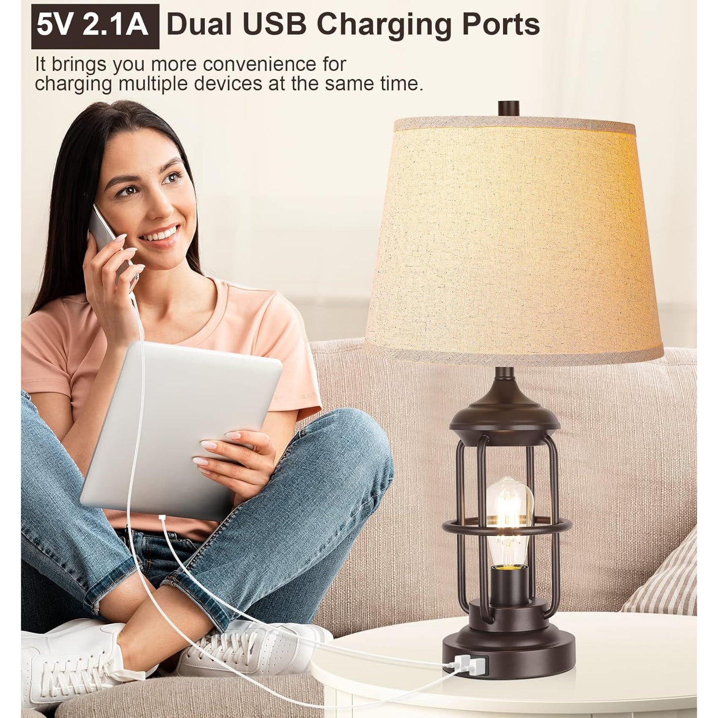 ROTTOGOON Table Lamp Set of 2 with USB Ports, Touch Control 3-Way Dimmable Bedside Lamp with 2 LED Night Light, Farmhouse Rustic Nightstand Lamp for Living Room Bedroom Decor (2700K Bulbs Included)