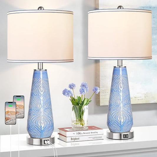 ROTTOGOON Modern Table Lamp Set of 2 Touch Control, 27" Tall Blue Art Ceramic Bedside Lamp with USB Ports, 3-Way Dimmable Hand Crafted Nightstand Lamps with White Shade for Living Room Bedroom Office