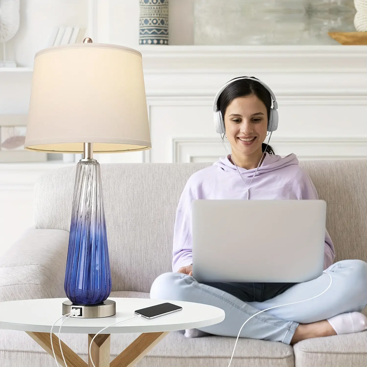 ROTTOGOON 27.5" Glass Table Lamps for Living Room with USB A+C Ports, Dimmable Touch Control Nightstand Lamp, Bedrooms Decor, Blue, 2 Pack