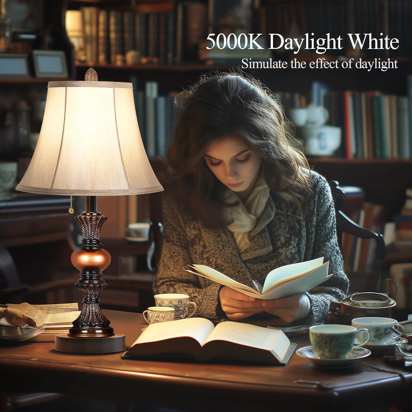 22“ Traditional Table Lamp Set of 2, Vintage Bedside Lamps with Dual USB Charging Ports, 3-Way Dimmable Desk Lamps with Bell Shape Faux Silk Shade for Living Room, Bedroom