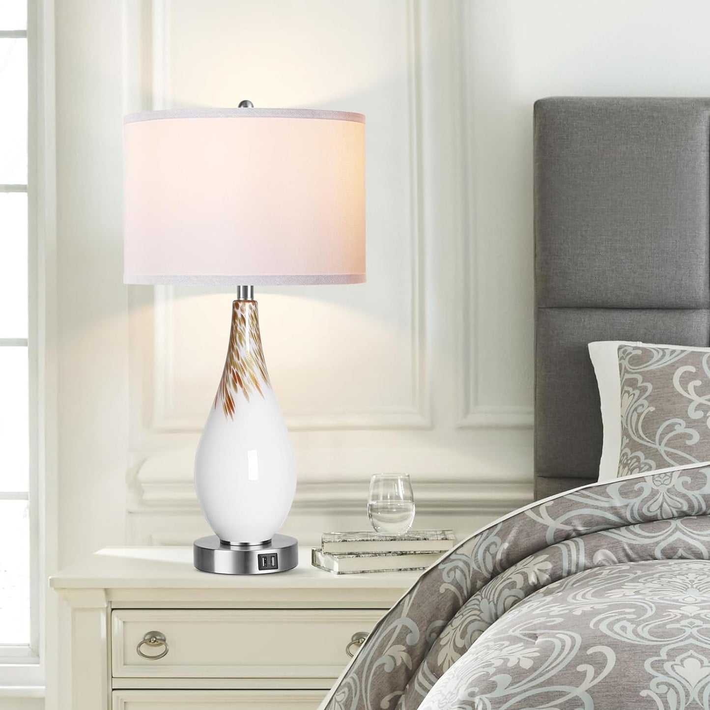 ROTTOGOON Touch Control Table Lamps Set of 2, 27.5" Tall Modern Art Glass Bedside Lamp with USB Ports, 3-Way Dimmable Hand Crafted Nightstand Lamps White Drum Shade for Living Room Bedroom Home