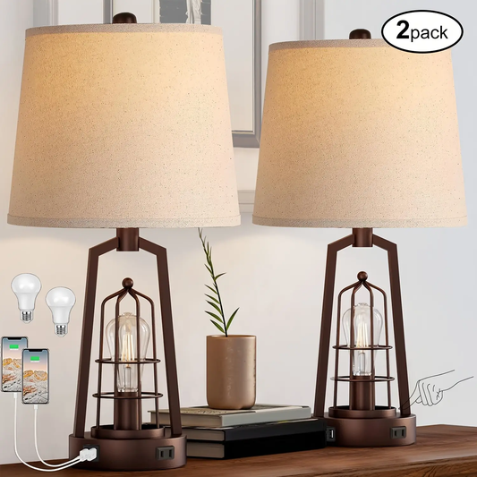 ROTTOGOON Set Of 2 Farmhouse Table Lamps With USB Ports, 3-Way Dimmable Bedside Touch Lamp With AC Outlet for Living Room Reading, Bulbs Included
