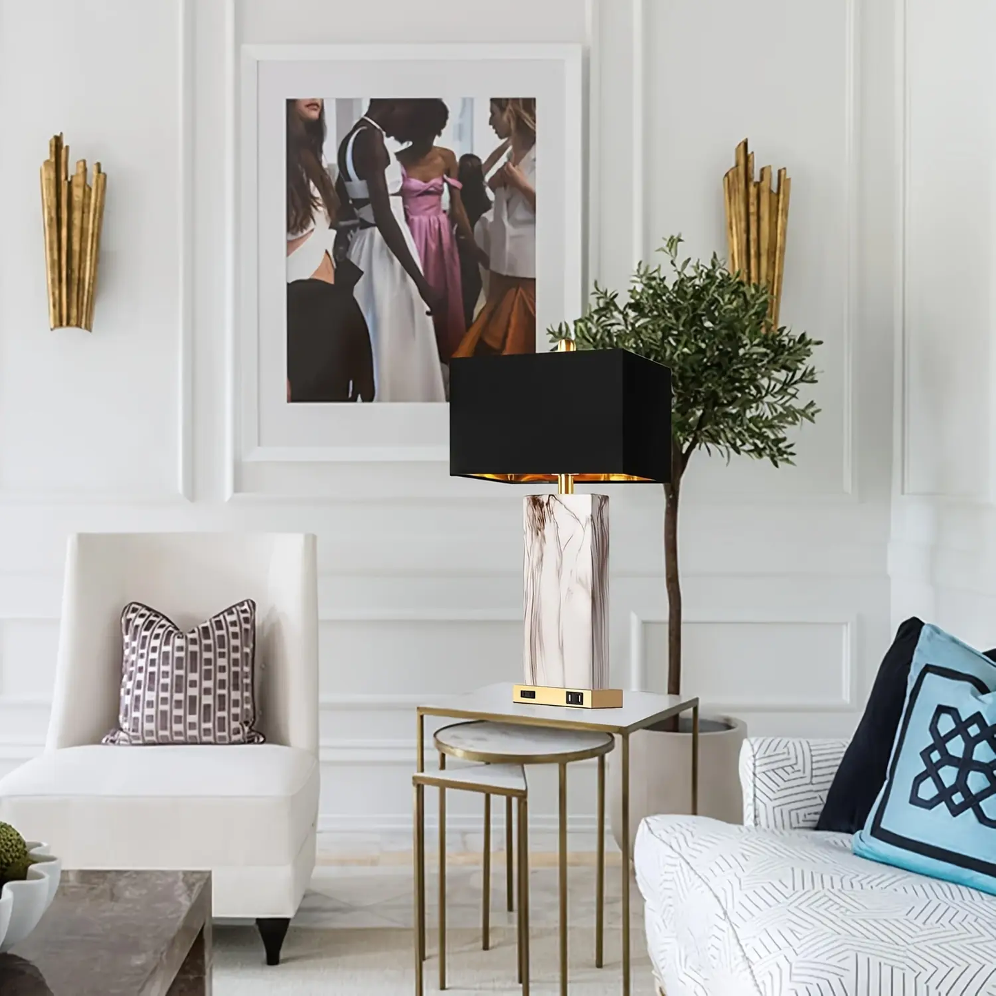 ROTTOGOON Touch Control Table Lamps Set of 2, Modern Ceramic Bedside Lamp with 2 USB Ports 1 AC Outlet for Living Room, Bedroom (LED Bulbs Included)