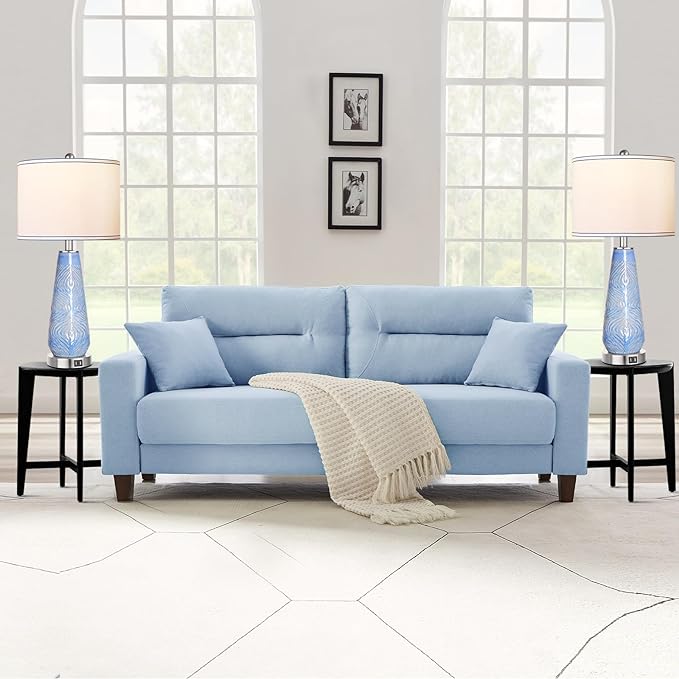 ROTTOGOON Modern Table Lamp Set of 2 Touch Control, 27" Tall Blue Art Ceramic Bedside Lamp with USB Ports, 3-Way Dimmable Hand Crafted Nightstand Lamps with White Shade for Living Room Bedroom Office