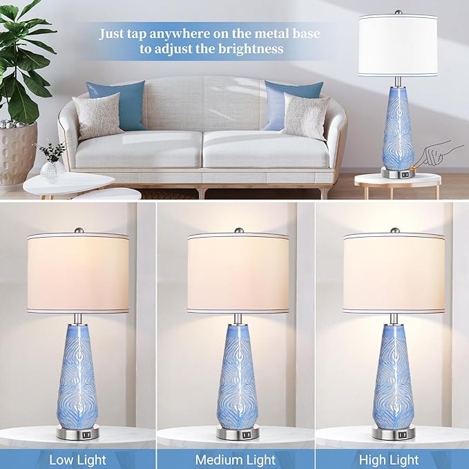 ROTTOGOON Modern Table Lamp Set of 2 Touch Control, 27" Tall Blue Art Ceramic Bedside Lamp with USB Ports, 3-Way Dimmable Hand Crafted Nightstand Lamps with White Shade for Living Room Bedroom Office