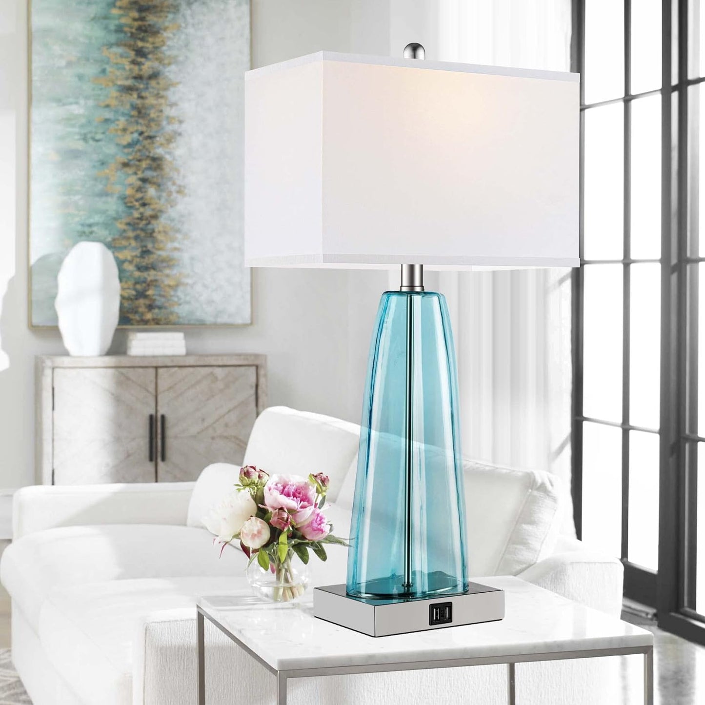 ROTTOGOON Table Lamp Set of 2 Touch Control, Contemporary Blue Green Glass Bedside Lamp with 2 USB Ports, 3-Way Dimmable Nightstand Lamps with White Fabric Shade for Living Room, Bedroom (LED Bulbs Included)