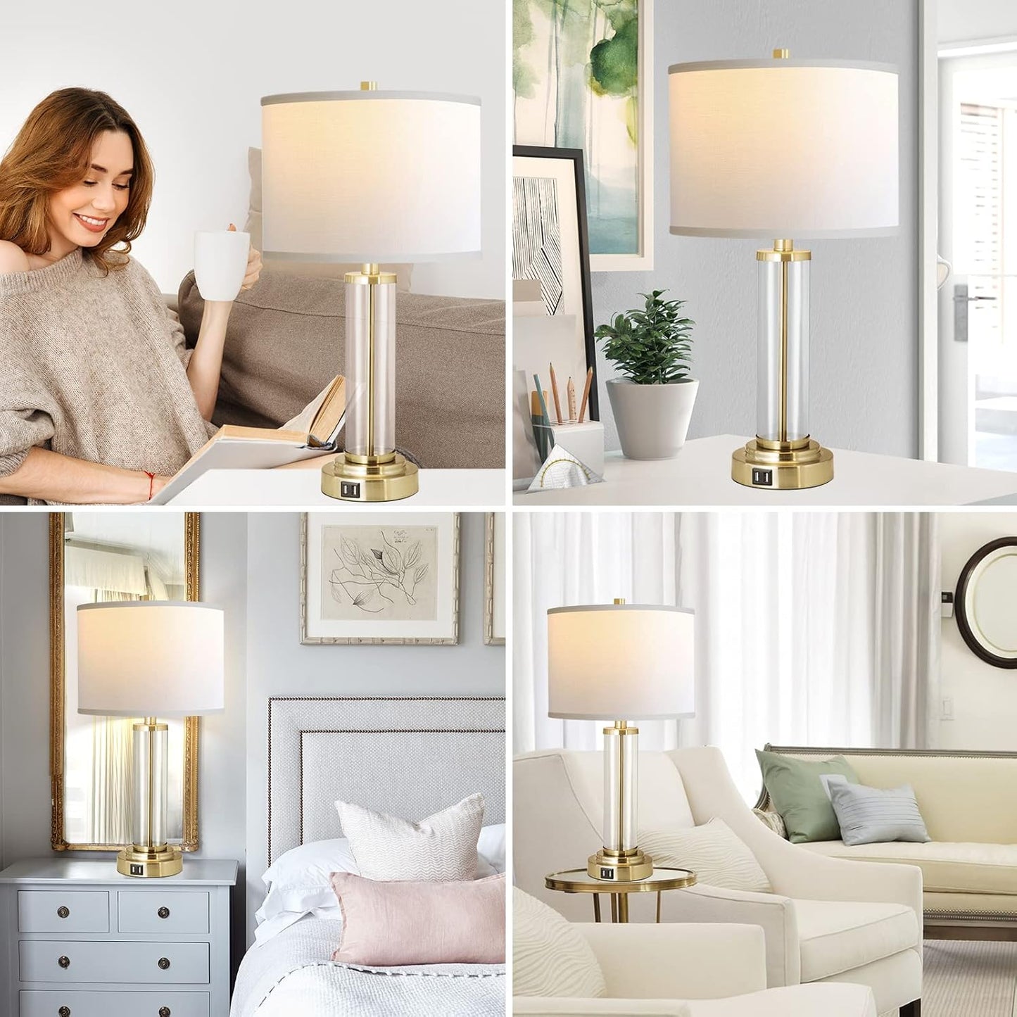 ROTTOGOON Touch Control Table Lamp Set of 2 with USB Ports, 3-Way Dimmable Nightstand Lamp with Fabric Cream Shade, Modern Bedside Lamp for Living Room Bedroom Reading, LED Bulbs Included