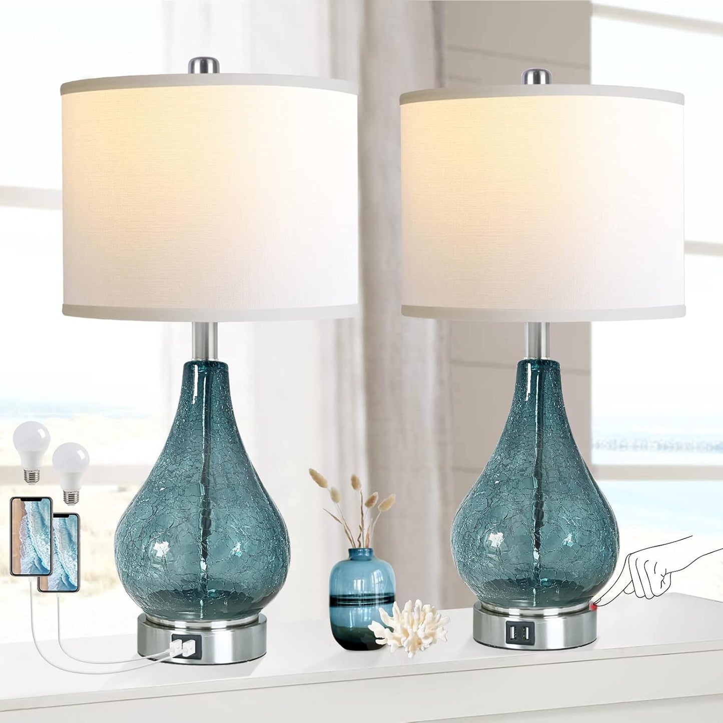 ROTTOGOON Glass Table Lamp for Living Room Bedroom Set of 2, 22.5" LED Light with Touch Control, Blue 3 Way Dimmable Modern Bedside Lamps for Home Decor with White Fabric Shade
