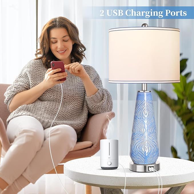 ROTTOGOON Modern Table Lamp Set of 2 Touch Control, 27" Tall Blue Art Ceramic Bedside Lamp with USB Ports, 3-Way Dimmable Hand Crafted Nightstand Lamps with White Shade for Living Room Bedroom Office