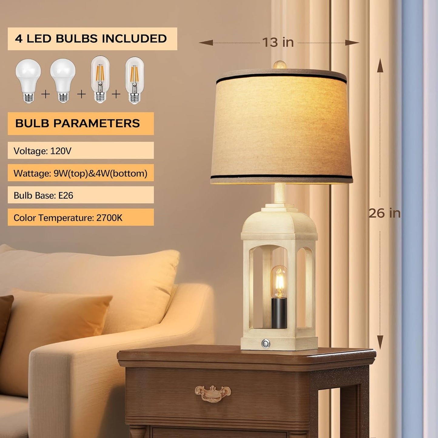 ROTTOGOON Table Lamp for Living Room, Farmhouse Lamps Set of 2 with USB A+C and Nightlight, 26" Rustic Bedside Lamps with 3-Way Dimmable Touch Control, Nightstand Lamp for Bedroom Decor, Beige