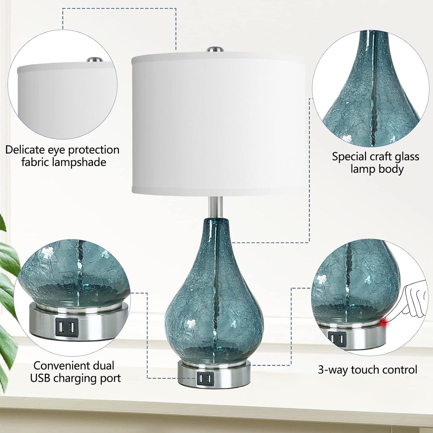 ROTTOGOON Glass Table Lamp for Living Room Bedroom Set of 2, 22.5" LED Light with Touch Control, Blue 3 Way Dimmable Modern Bedside Lamps for Home Decor with White Fabric Shade